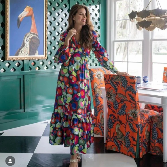 New Emily McCarthy Polka Dots Ruffle Maxi Long Sleeve Dress Floral Tiered 2XS - Picture 4 of 12